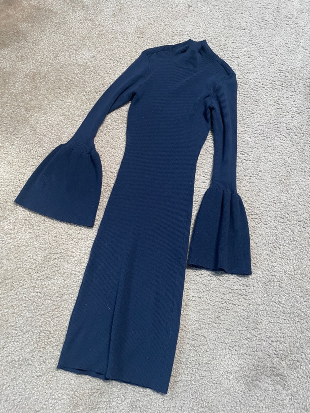 VENUS Navy Long-Sleeve Bell-Sleeve Ribbed Knit Dress